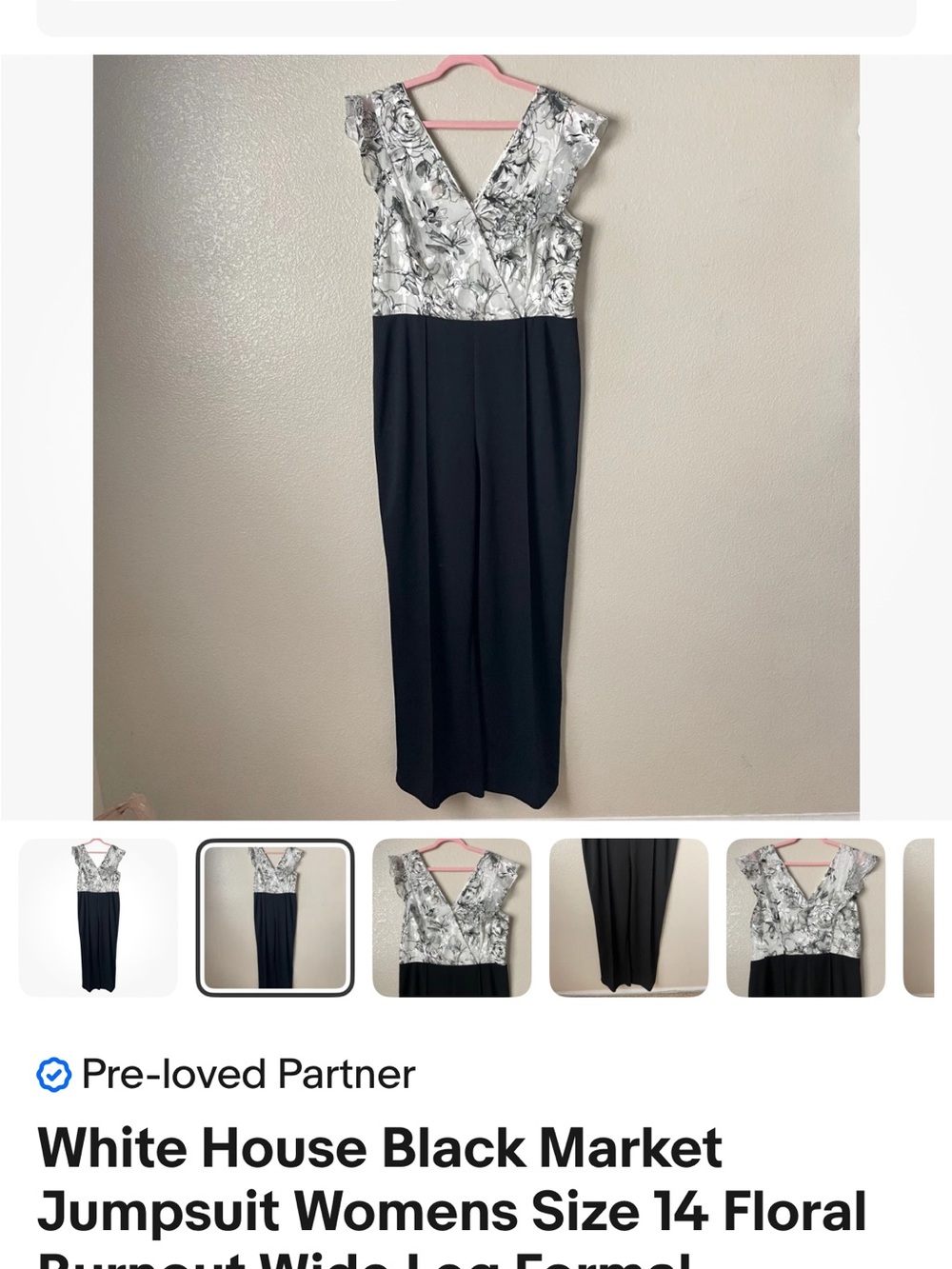 White House Black Market Black and White Floral Wrap Jumpsuit size 14 - Picture 3 of 9